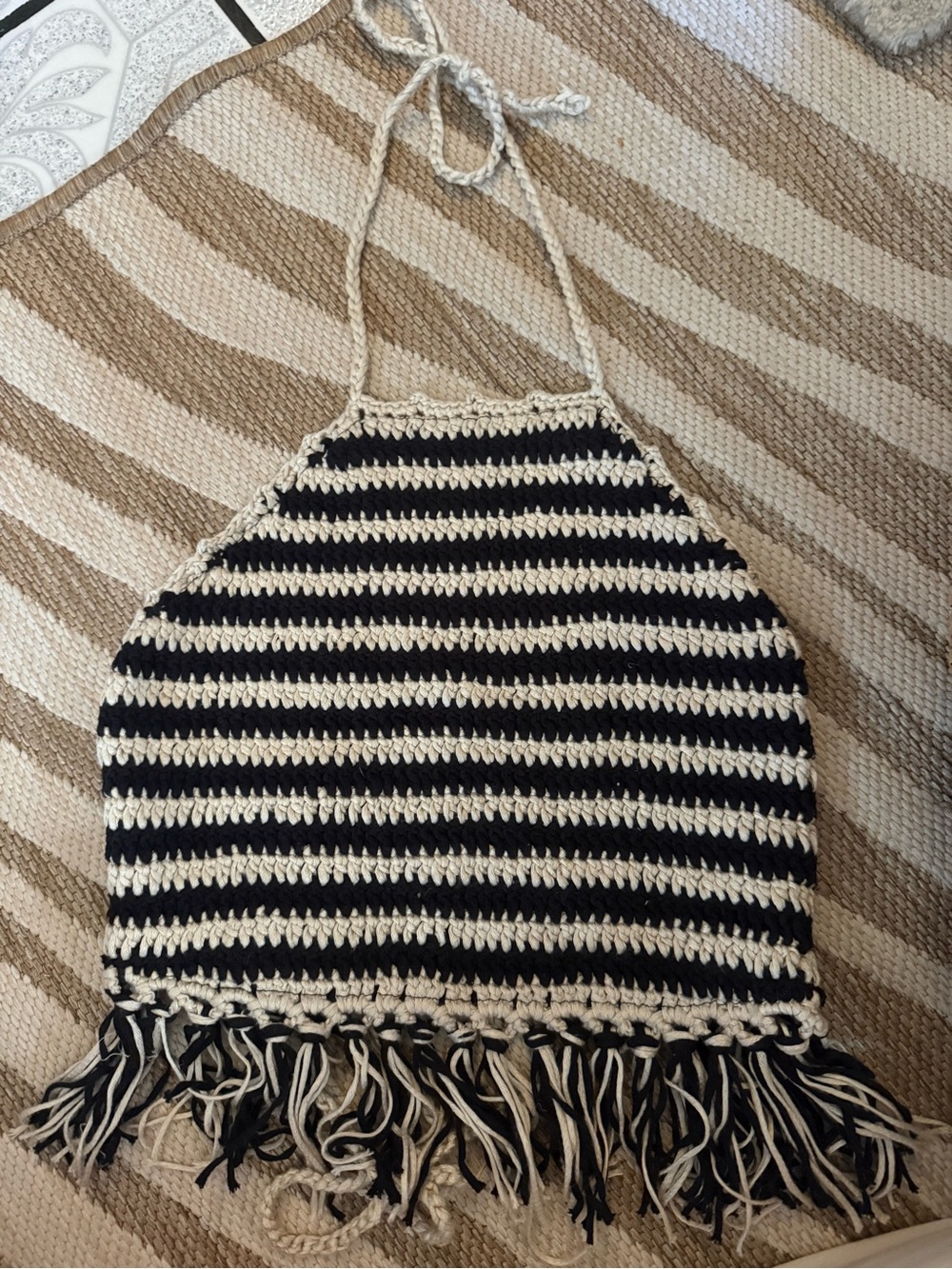 Women’s Crochet Halter Top Dress - Black & Cream Stripes